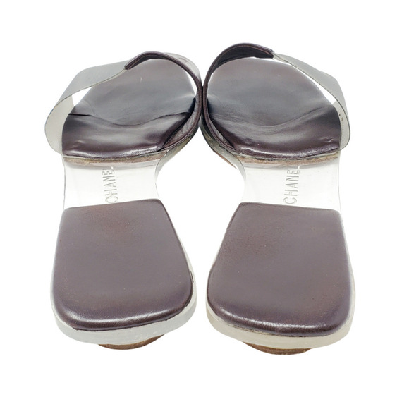 Chanel LOGO Sandals Brown Leather Flat Slides Clear Block PVC Mules EU 36.5‎ - Picture 5 of 9